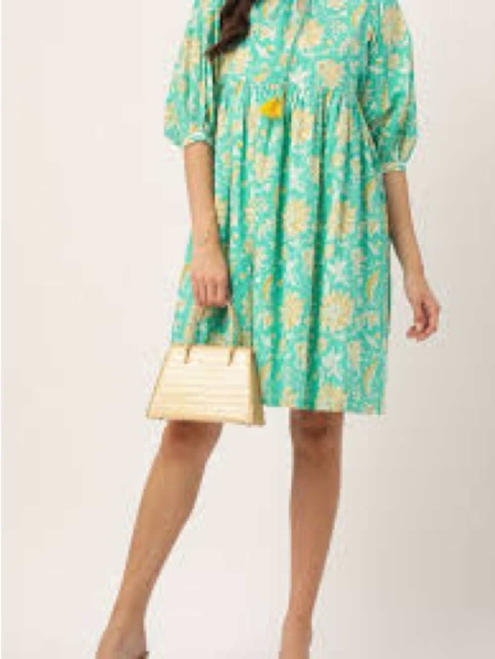 Jaipur Morni Floral Print Tie-Up Neck Puff Sleeves Pure Cotton A-Line Dress - Picture 2 of 9